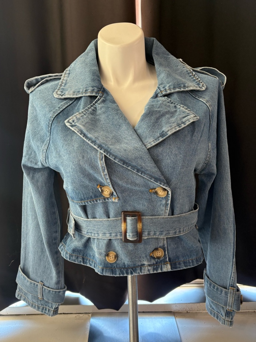 Cropped Denim Trench Coat / Jacket, Transitional Outerwear, Sz S.M,L by Veveret - Picture 2 of 13